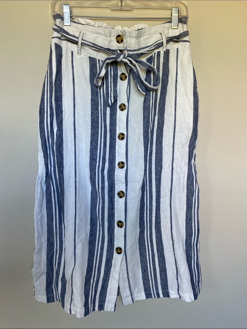 C&C California Navy and White 100% Linen Midi Skirt with Belt and Pockets